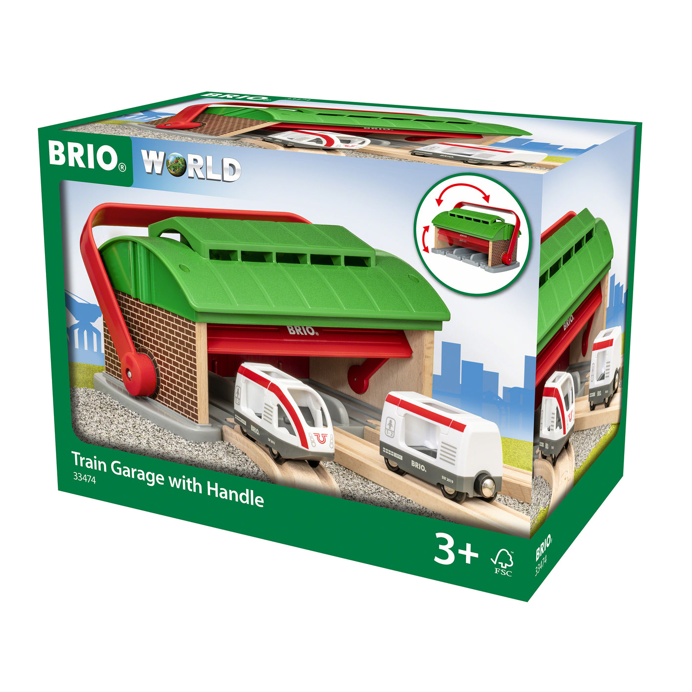 BRIO togbane, toggarage med håndtag