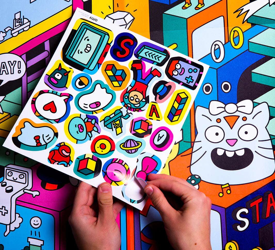 Mal-selv plakat med klistermærker, videospil