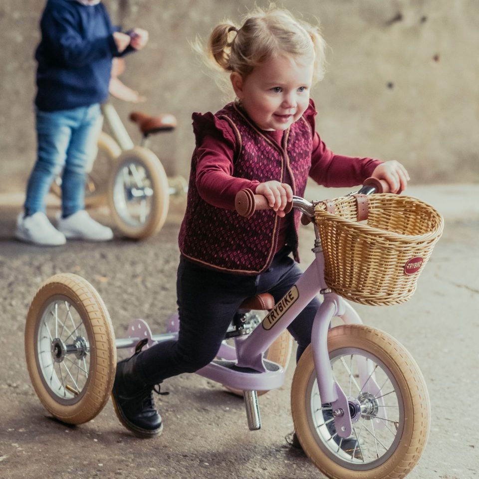 Balancecykel, trehjulet + tohjulet, vintage purple