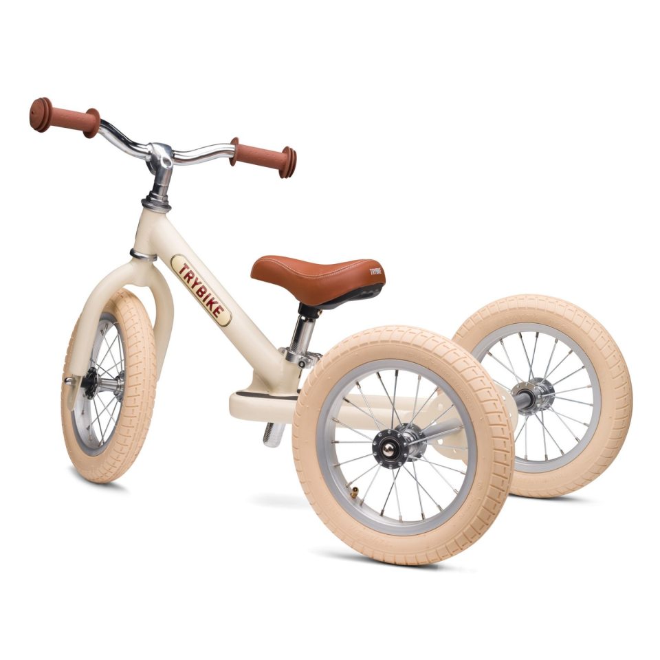 Balancecykel, trehjulet + tohjulet, vintage creme