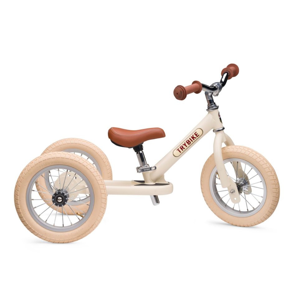 Balancecykel, trehjulet + tohjulet, vintage creme