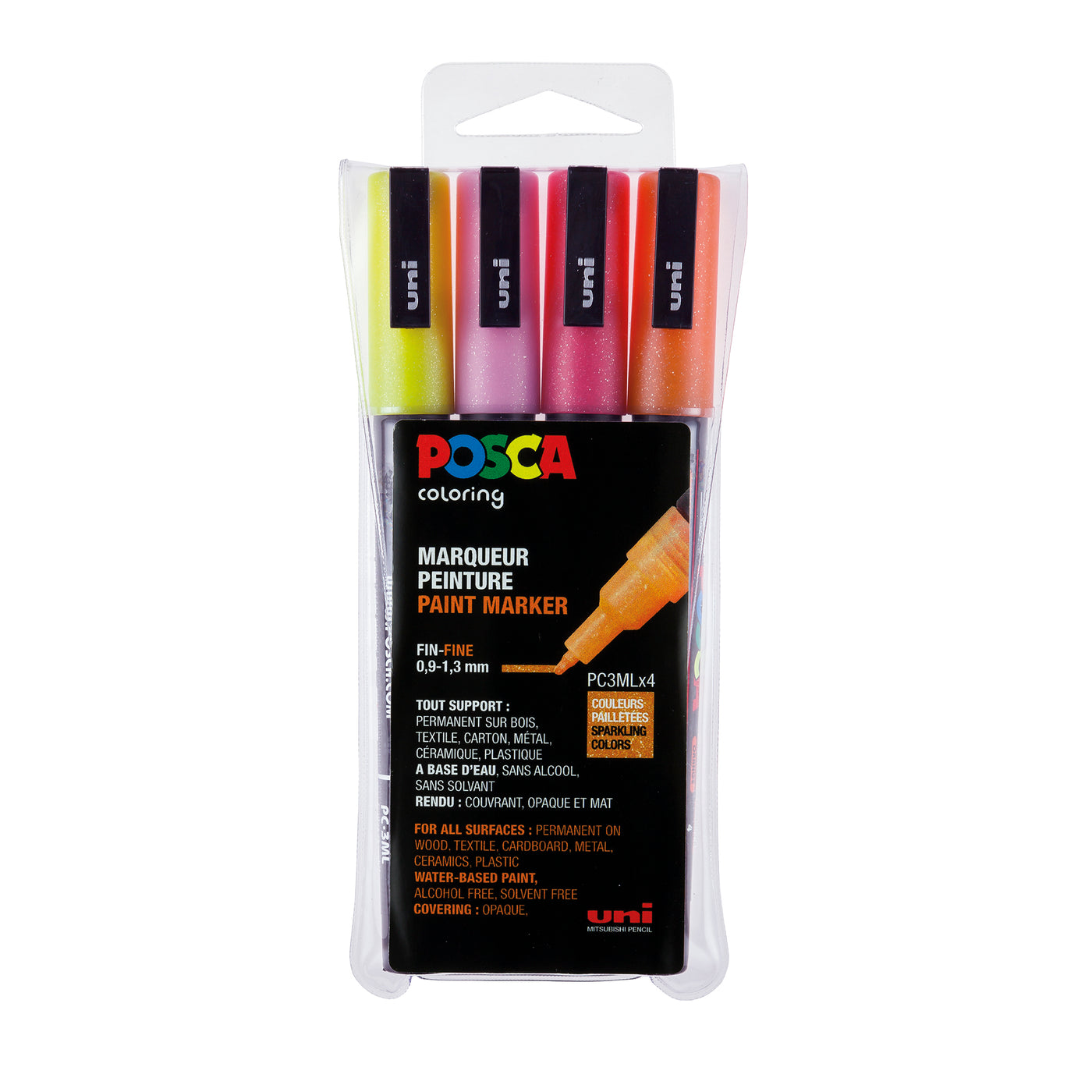 Posca tuscher, 4-pak pastel glitter 0,9-1,3 mm